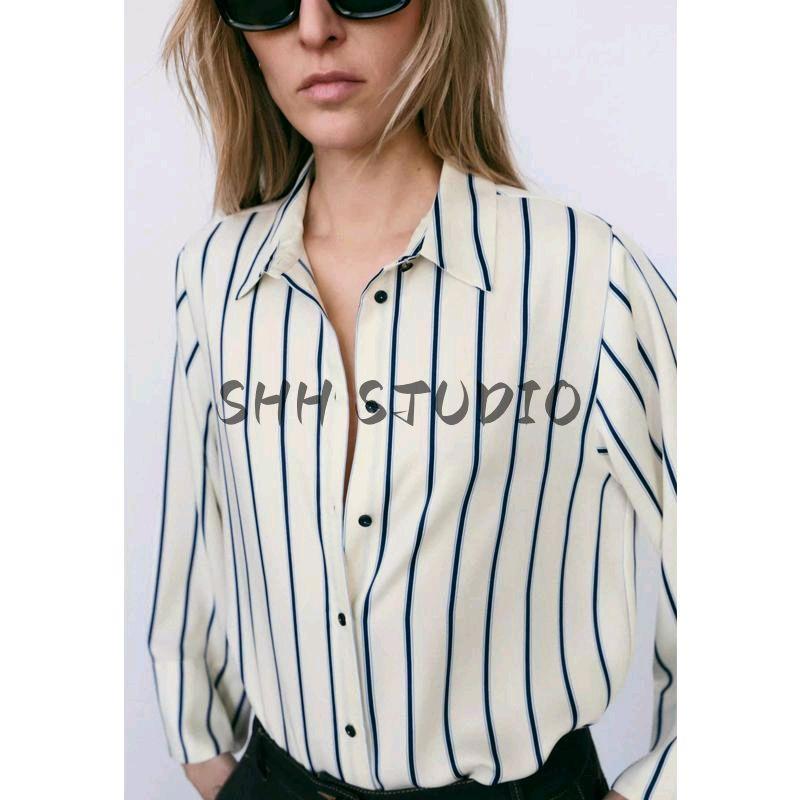 Spring New Women Clothes Lapel Vertical Temperament All-Match Wide Sleeve Stripe Shirts 7969022 7969021