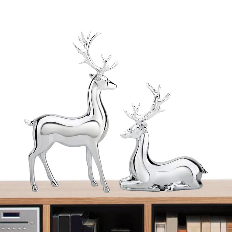 Reindeer Handicraft Piece Resin Sculpture 2PCS Electroplated Silver Reindeer Statue Christmas Decor Center Table Decorations