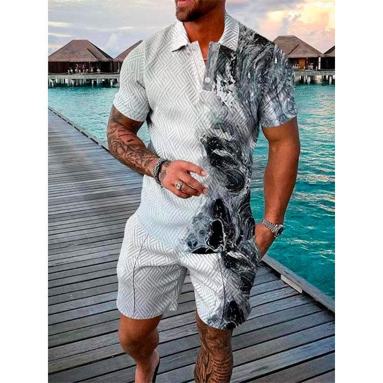 New Men'S Summer Fashion Casual Polo Shirt Collar Casual Set Collar Shorts Set Sports Men'S Solid Color T-Shirt Shorts Running Training Set