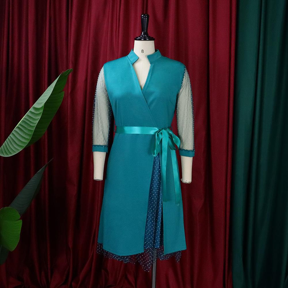 Large Size Women's Fashion Spring Autumn V Neck Mesh Dress Ladies One Piece Polka Dot Slit Dress