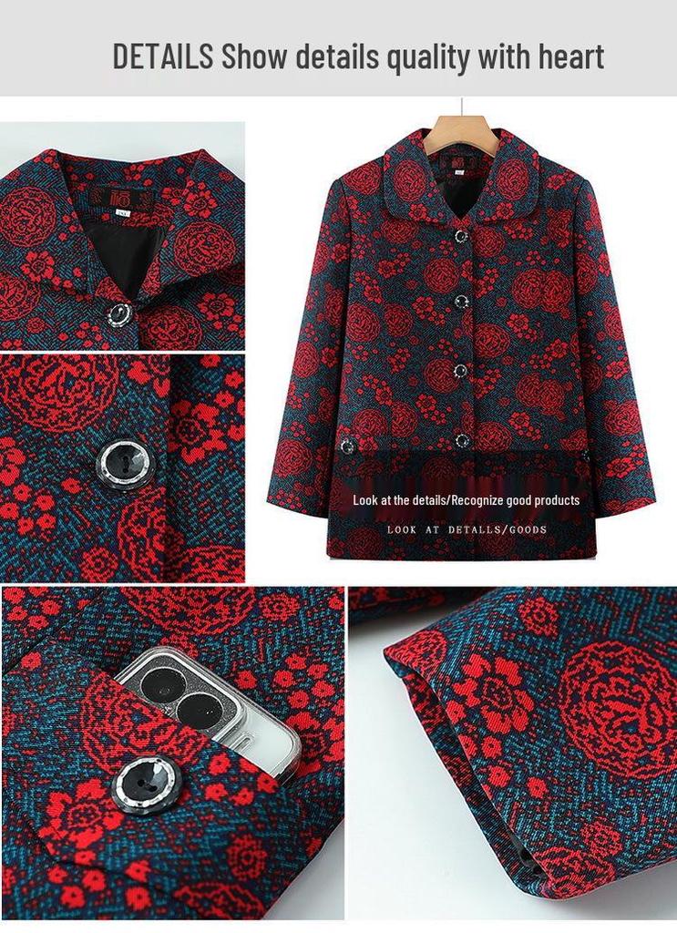 2026 Plus Size Printed Jacket for Middle-aged and Elderly Women, Spring/Autumn, Loose & Slimming, Lapel Top