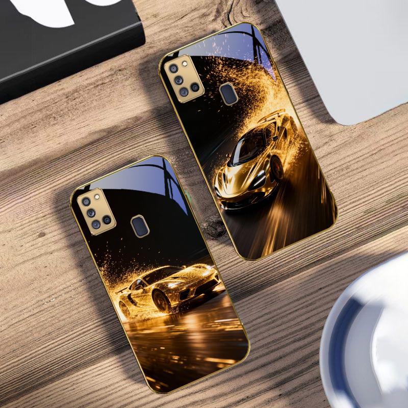 Flying golden supercar For Samsung A 31 32 A33 A34 35 14 A15 13 16 25 26 50 52 53 54 55 56 70 71 72 73 Golden glass phone case