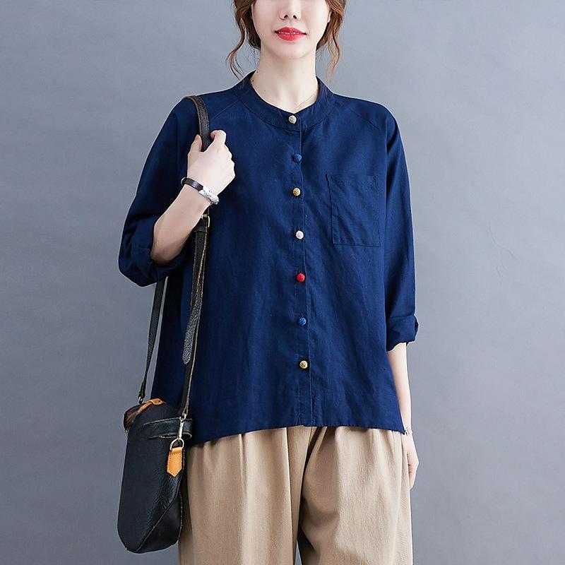 Early Autumn Women's Cotton and Linen Shirts, Niche Chic Long-sleeved Tops, Women's Disc Buttons, Retro Literary Loose Shirts
