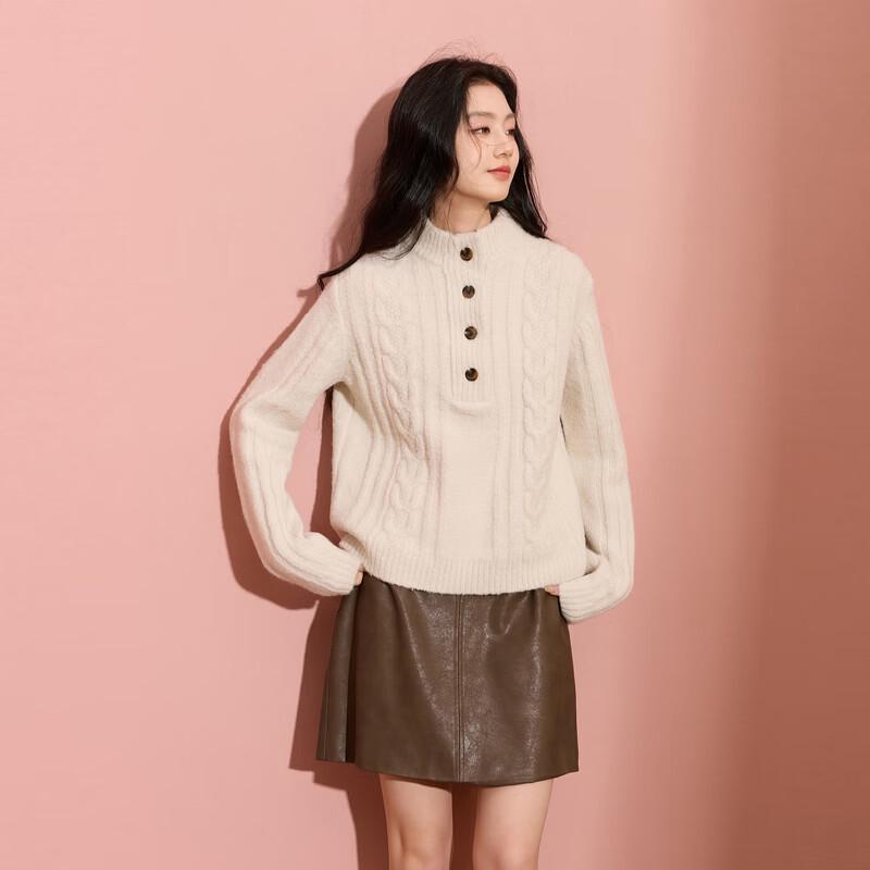 Sancai Women's Retro Cable Knit Stand Collar Pullover Sweater