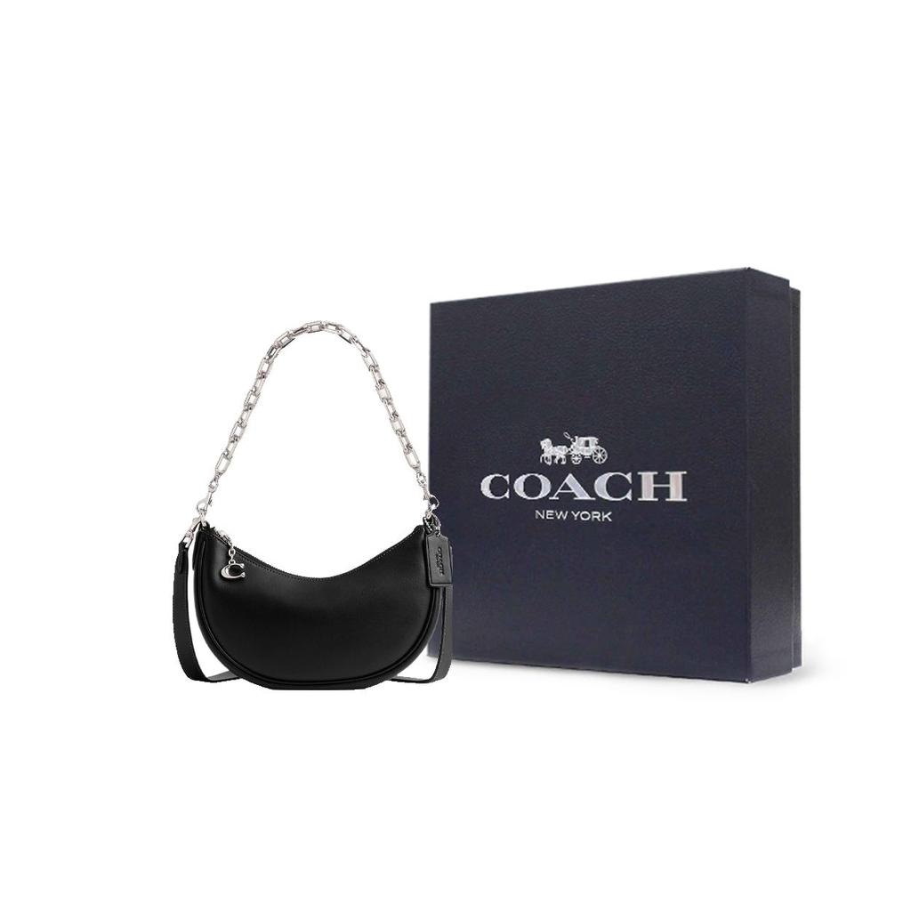 Coach Mira 24 Solid Color Logo Pendant Zipper Closure Glove Tanned Leather Half Moon Handheld Crossbody Shoulder Bag Medium Women Handbags CM583-LHBLK