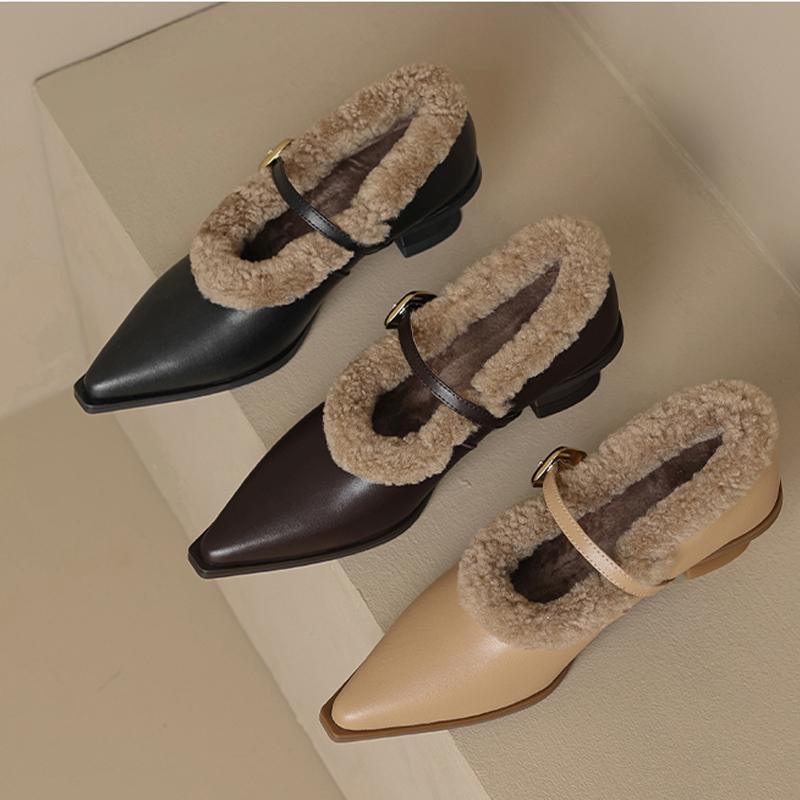Fashion Elegant Metal Buckle Mary Janes Woman Chic  Brand Design Fur Low Heel Dress Shoes Ladies Winter Warm Plush Belt Pump Zapatos