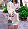 Women Plus Size V Neck Long Sleeve Geometric Printed Straight Dress White Black Orange