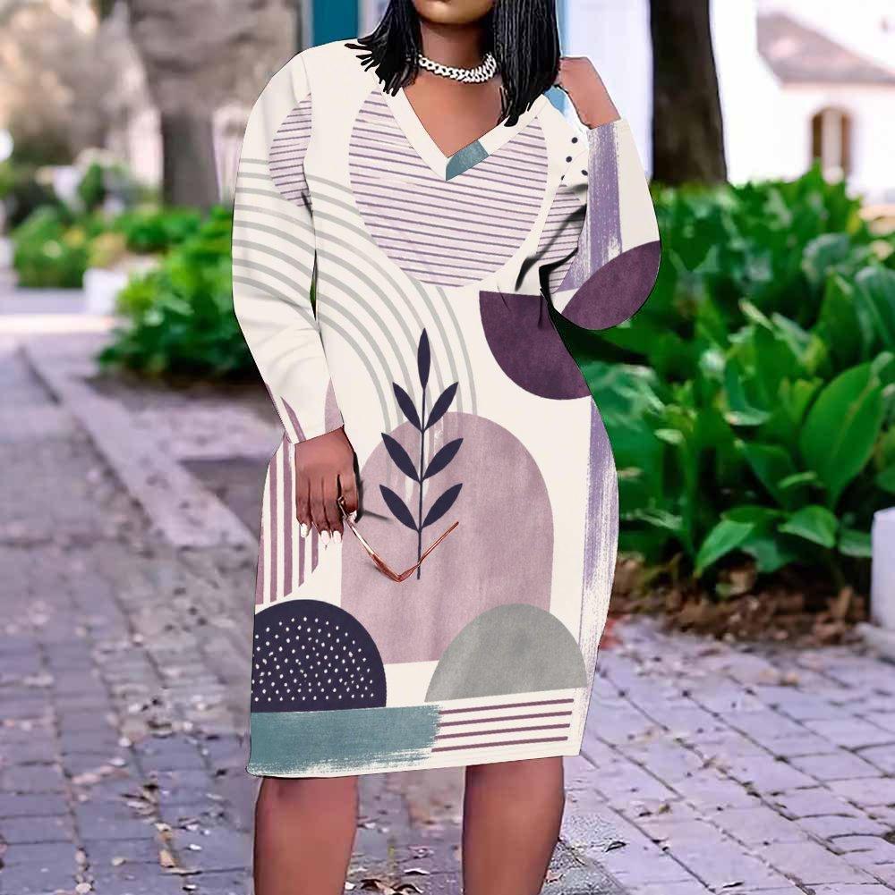 Women Plus Size V Neck Long Sleeve Geometric Printed Straight Dress White Black Orange
