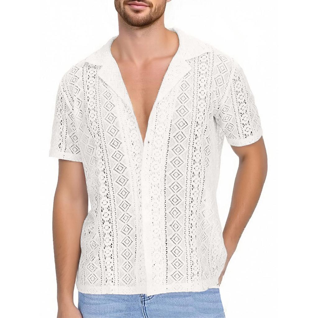 Men's Lace Short-sleeved Shirt With See-through Buttons, Holiday Casual Hollowed-out Top