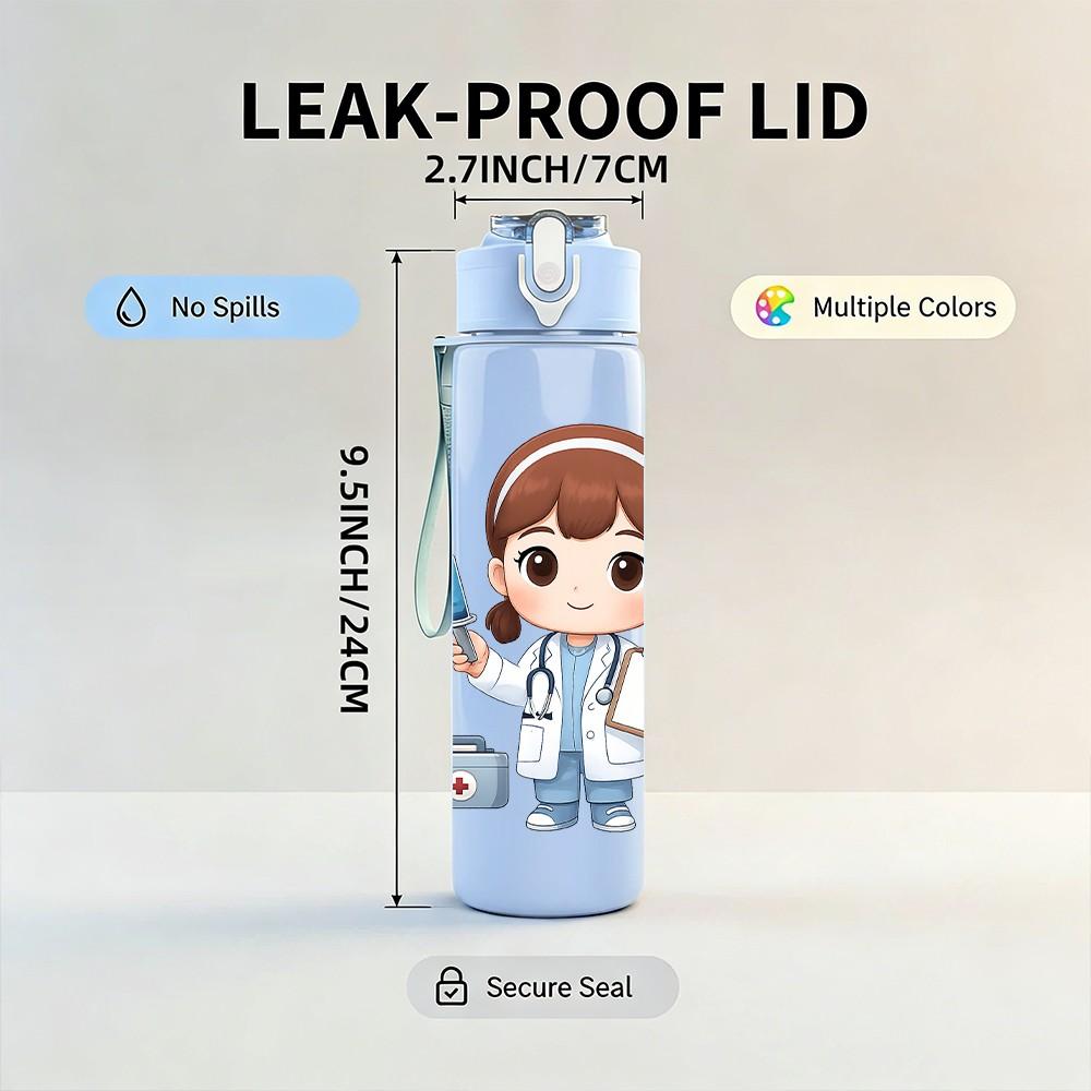 1PC Female Nurse Cartoon Art 750ml Color Plastic Sports Water Bottle Leakproof Flip Straw Lid Suitable for Sports Office Home Use