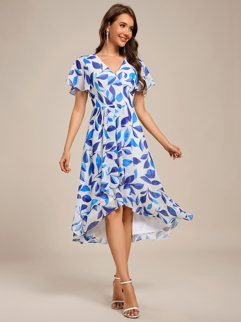 Ever-Pretty Women's Short Sleeve V-Neck Ruffled Floral Asymmetrical Midi Wedding Guest Dress