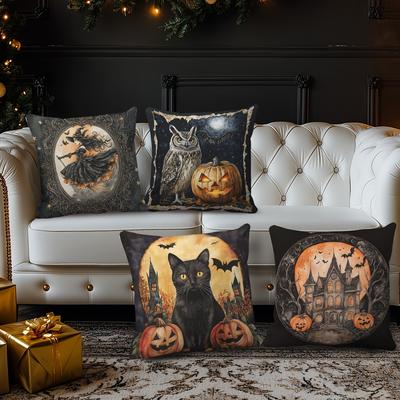 Poszewki na poduszki o tematyce Halloween: Wzory Wiedźmy, Sowy, Czarnego Kota i Nawiedzonego Domu na upiorny wystrój, Poszewka na poduszkę na sofę
