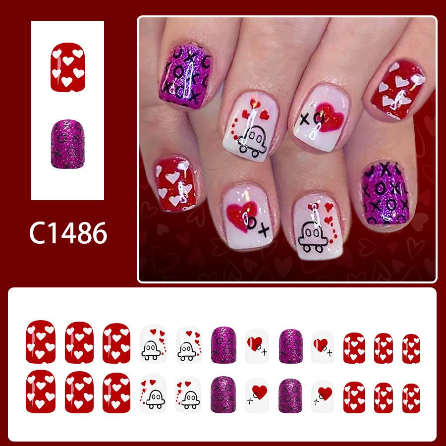 Short Square Glossy Press On Nails 24Pcs Sweet Valentine Purple Glitter White Heart Design Women Fake Nails красный