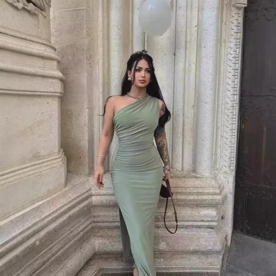 2024 Summer One-Shoulder Solid Color Sleeveless Slit Dress for Women
