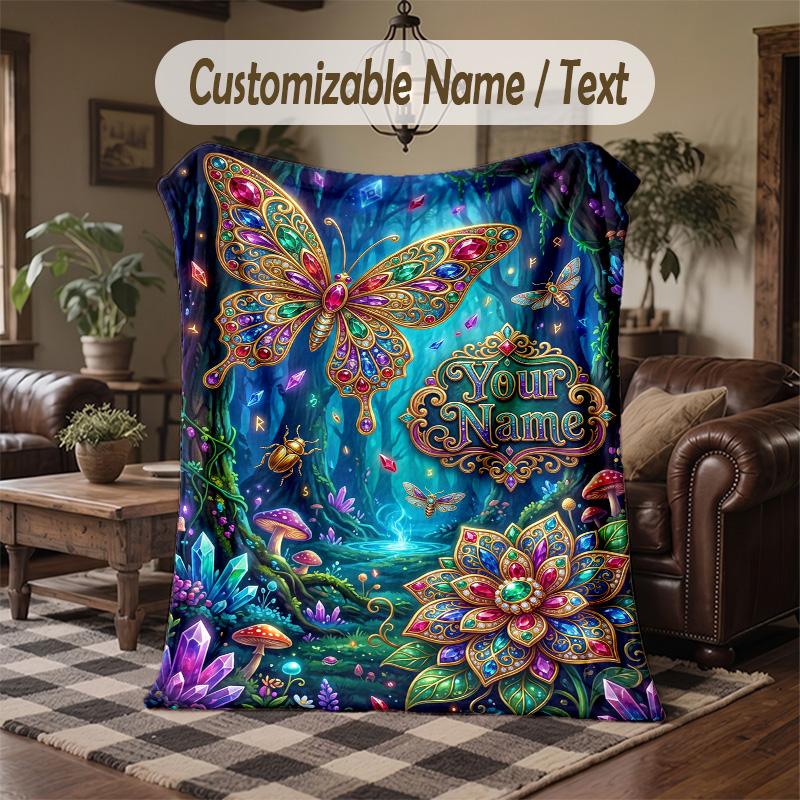 Fairy Moonlit Night Fantasy Theme Throw Blanket Custom Name Text Personalized Blanket Soft Cozy Blanket for Home Sofa Bed
