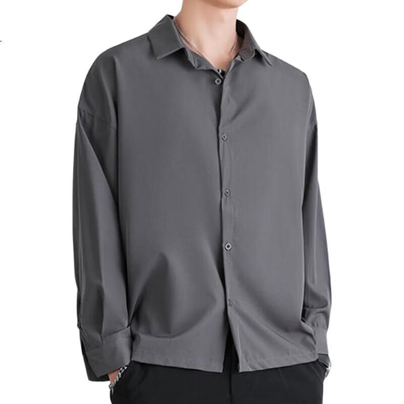VANCAMEL Langarmhemd für Herren, Lockeres Freizeit-Oberteil für Herren, einfarbige Kleidung im koreanischen Stil, Schwarz, 2XL