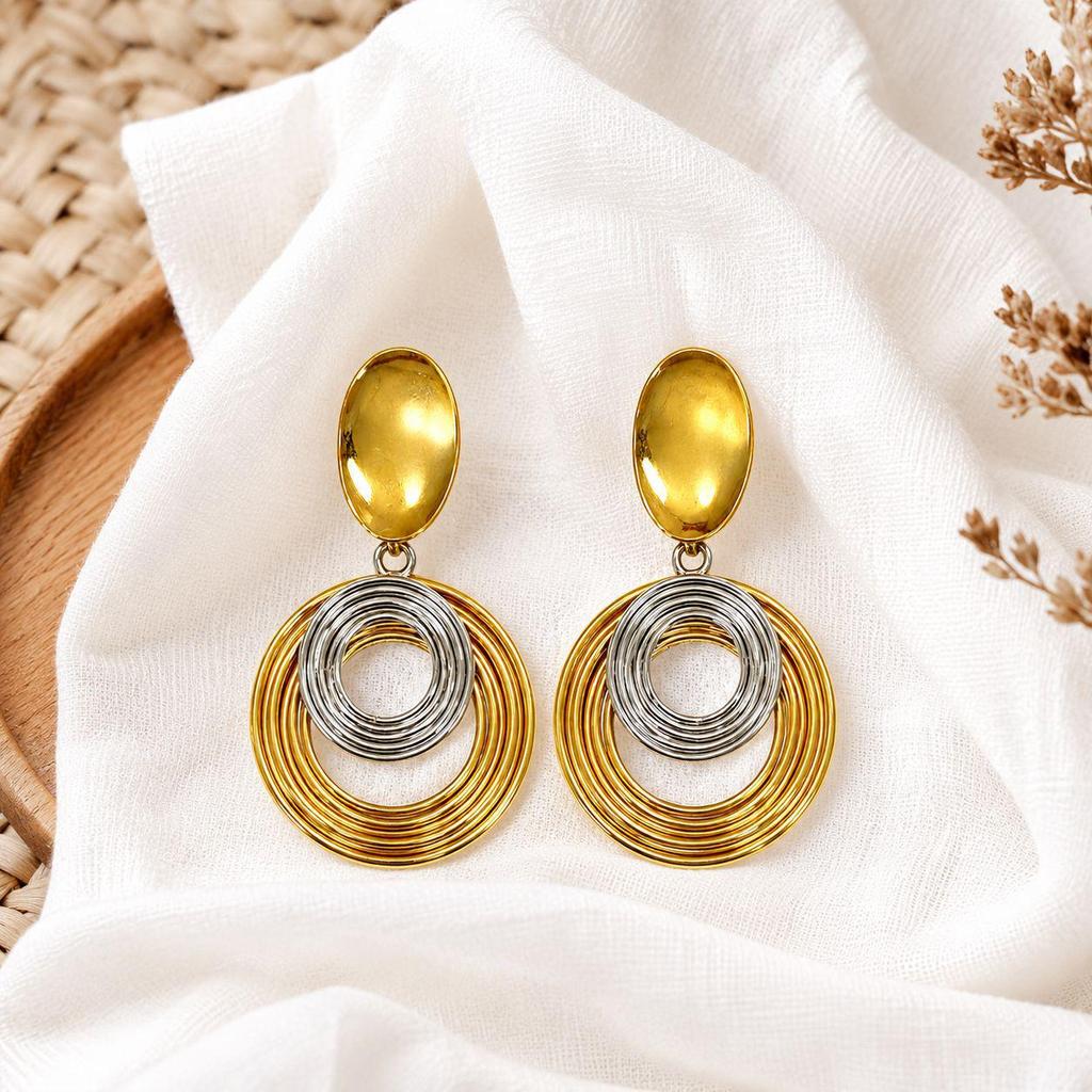 Europe & US Bold Multi-Layer Metal Circle Dangle Earrings, Stainless Steel Fashion Statement
