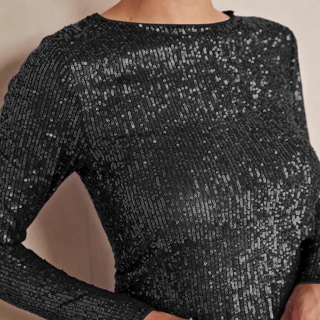 Women Long Sleeve Tops Sequins Basic Shirt Casual Pullover for Fall Club Streetwear Aesthetic Clothes