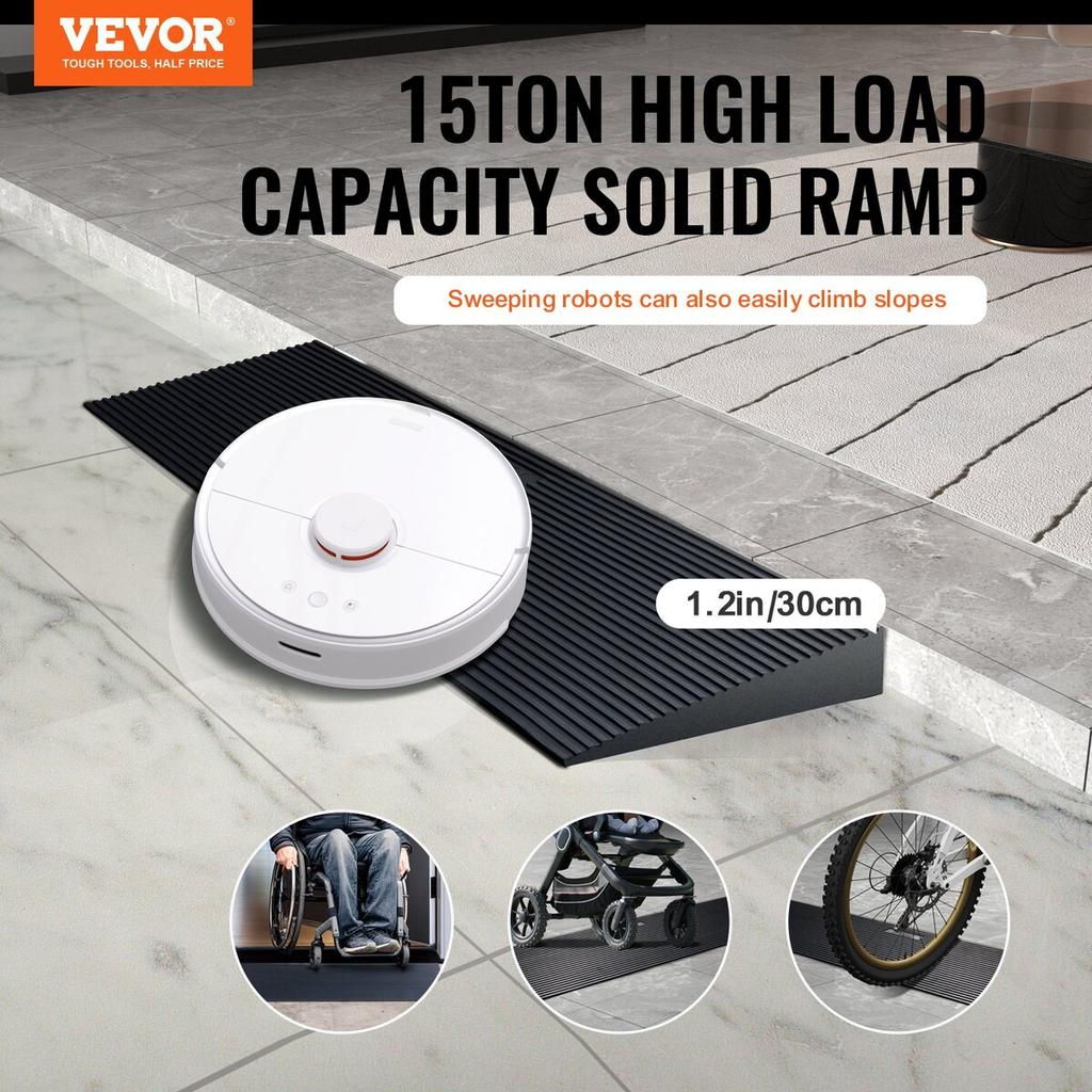 1.2" Rise Cuttable Threshold Ramp for Sweeping Robot, 35.4" Wide Natural Rubber Wheelchair Ramp, Non-Slip Solid Rubber Ramp with Double-Sided Tape for