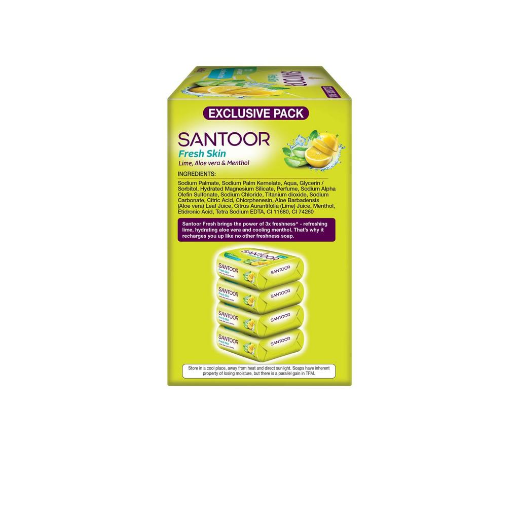 Santoor Fresh Skin Bathing Soap Lime Aloe Vera Menthol Combo Pack For Daily Body Cleansing Soft Smooth Glowing Skin 150GX 4N