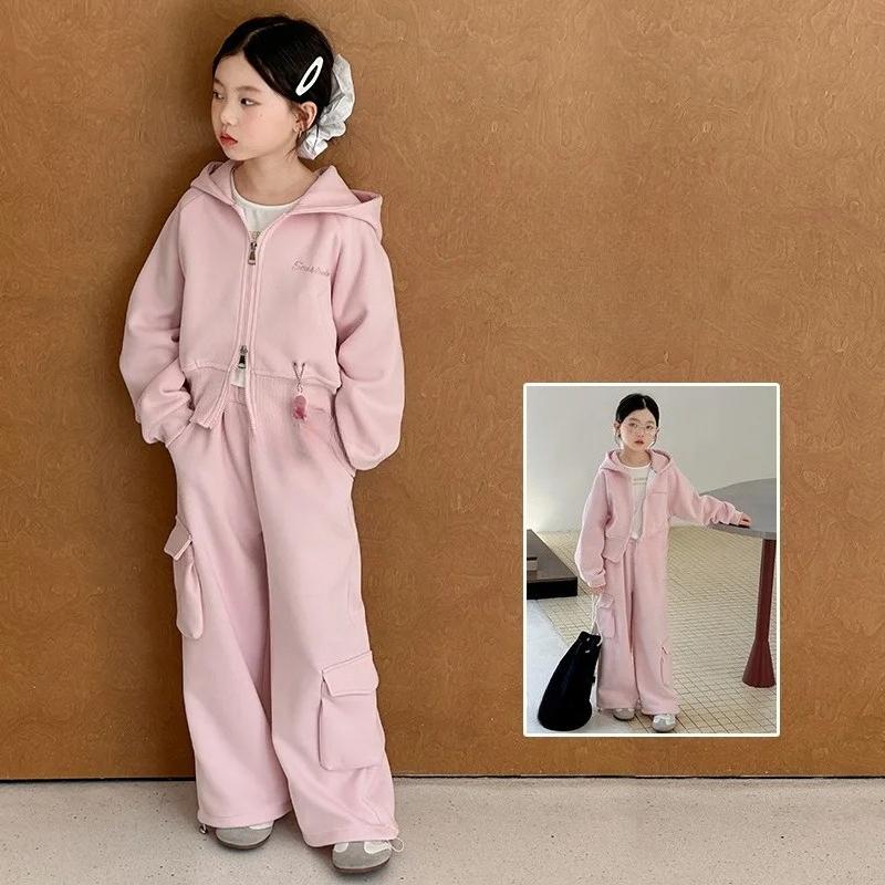 Autumn Winter Teenager Kids Girl Children Set Clothes Loose Sweatshirt Hooded Jacket Pink Wide Leg Pant
