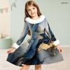 Girls Black High Neck White Furry Trim Long Sleeve Tie Waist Floral Printed A Line Flared Dress