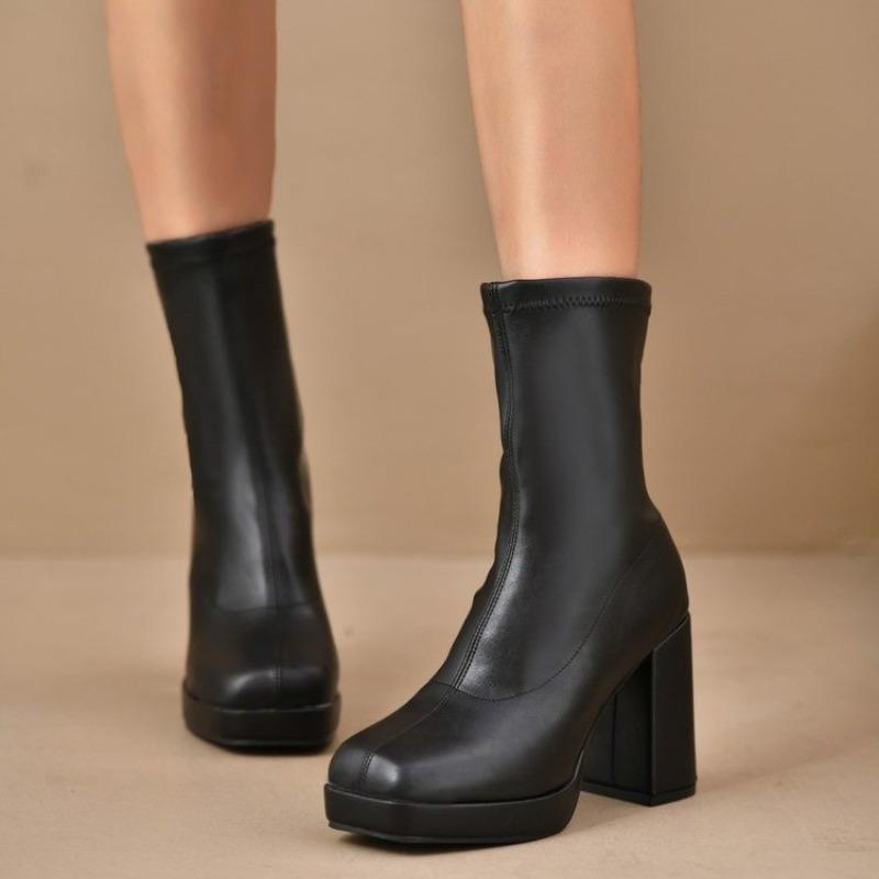 Fashion Women's Fashion Boots Autumn Winter High Heel Slip-on Round Toe Thick Heel Low Tube Leather Boots Comfortable Polyurethane Shoes
