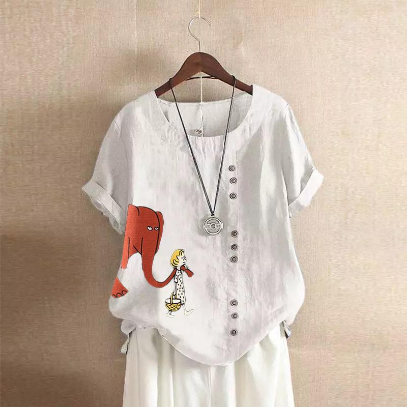 GMXIA Summer Vintage Plus-size Casual Loose Cotton and Linen Short Sleeve Pullover T-shirt Cotton and Linen Women Plus-size Women's Wear