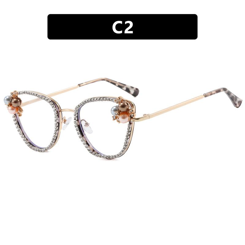 Triangular Cat'S Eye Diamond-Encrusted Flat Mirror Anti-Blue Luxury Glasses Frame Pearl Retro Personalized Glasses Frame