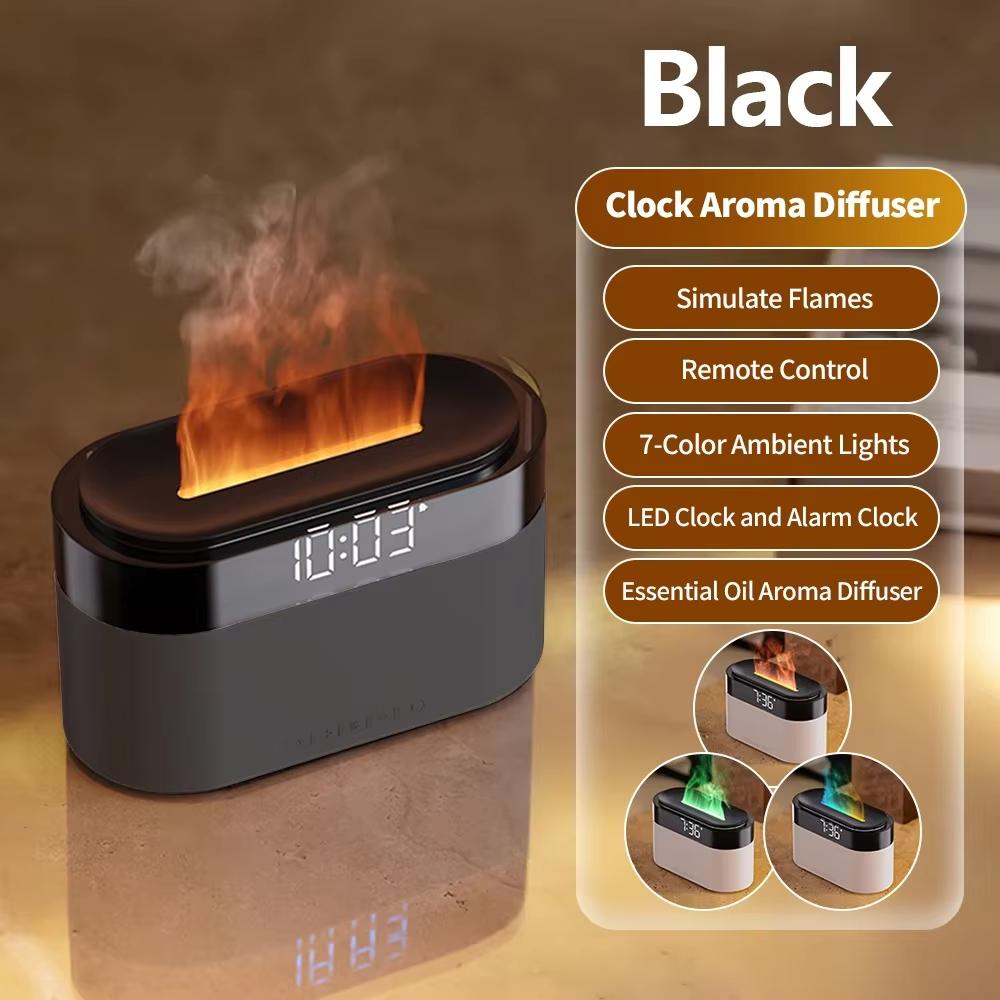 Clock Flame Effect Aroma Diffuser Essential Oil Humidifier Desktop Home Alarm Display Mist Device
