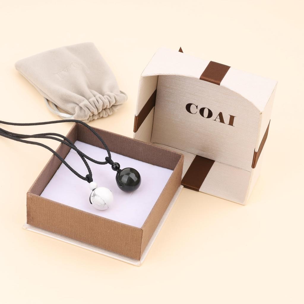 Koai 18mm Obsidian and 16mm Howlite Yin and Yang Lucky Pendant Necklace Set for Men and Women