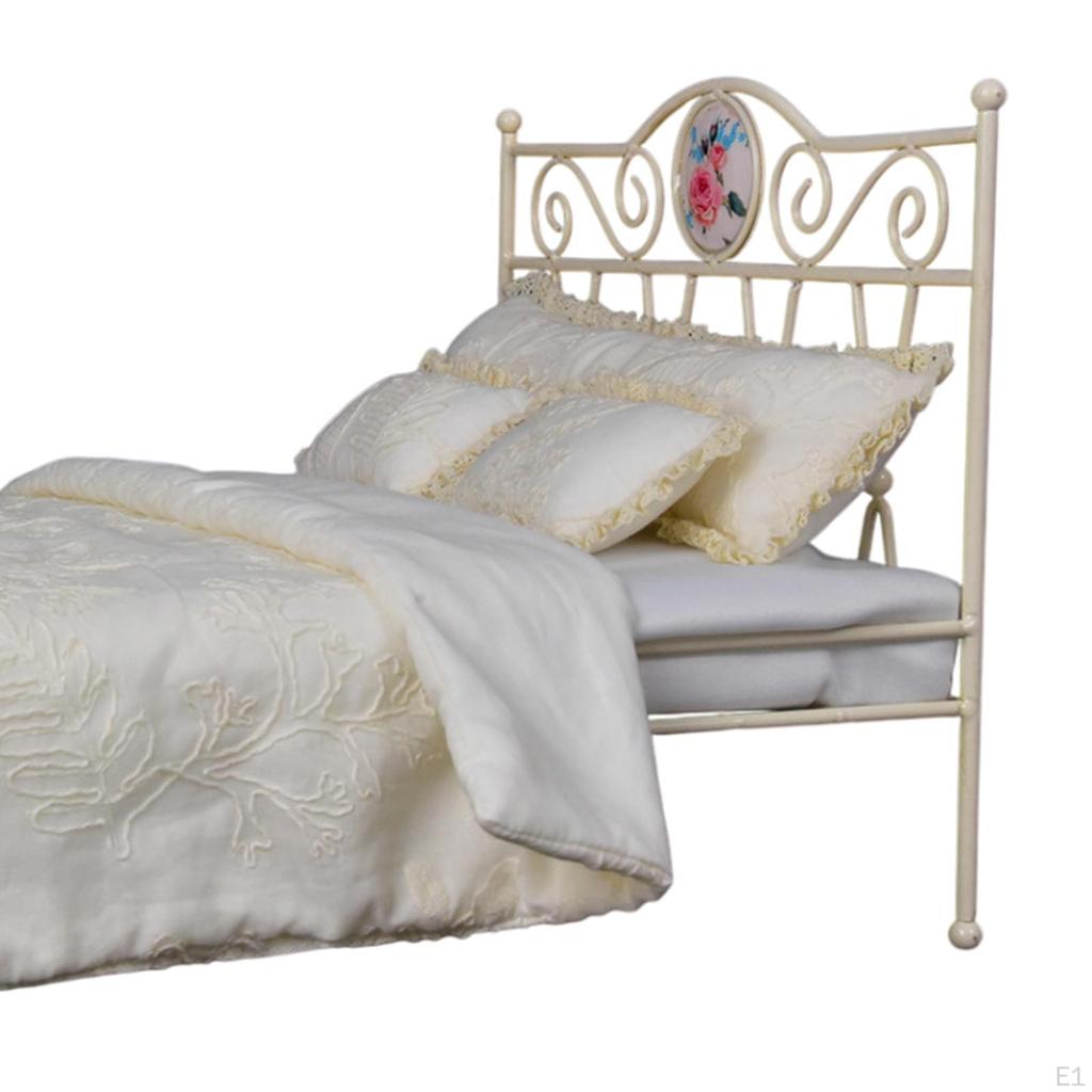 1:6 Iron Bed with Mattress Twin Pretend Play Miniature Furniture Room Mini Retro for Gift