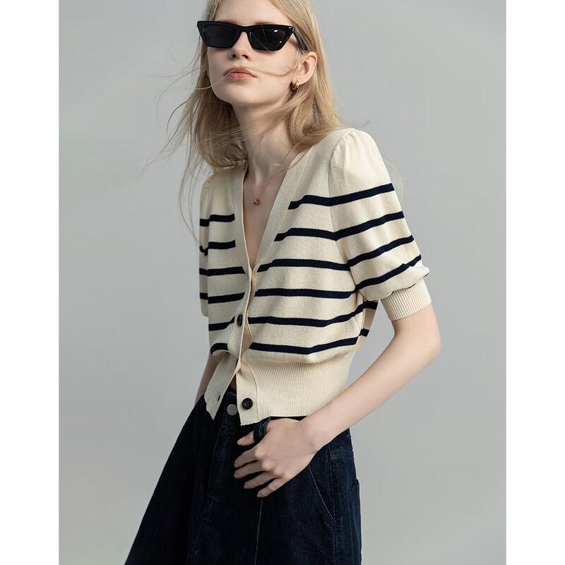 

Demana Women s Super Soft Faux Linen Striped V-Neck Half-Sleeve Knit Cardigan M