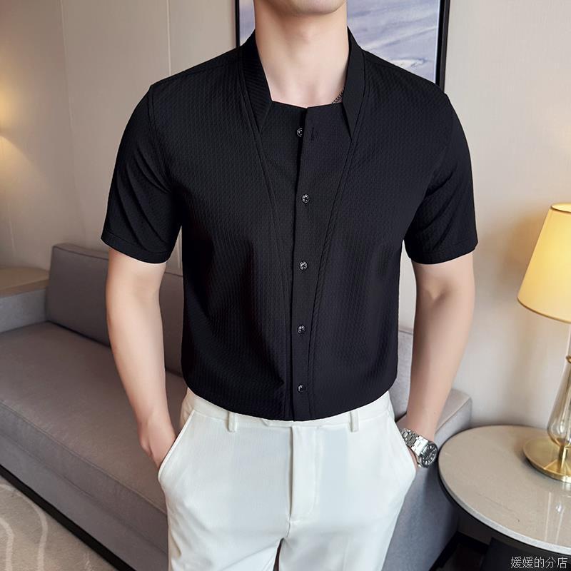 

Мужская рубашка с текстурой, воротником-стойкой, коротким рукавом, на пуговицах, повседневная уличная одежда, топ S чёрный