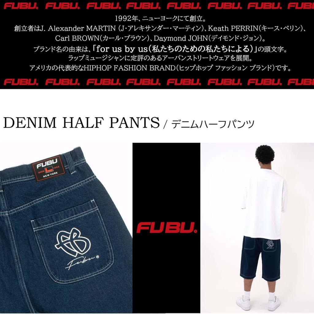 FUBU Denim Half Pants Navy M-Size 100% Cotton 11.5oz Washed Finish Logo Embroidery 31501