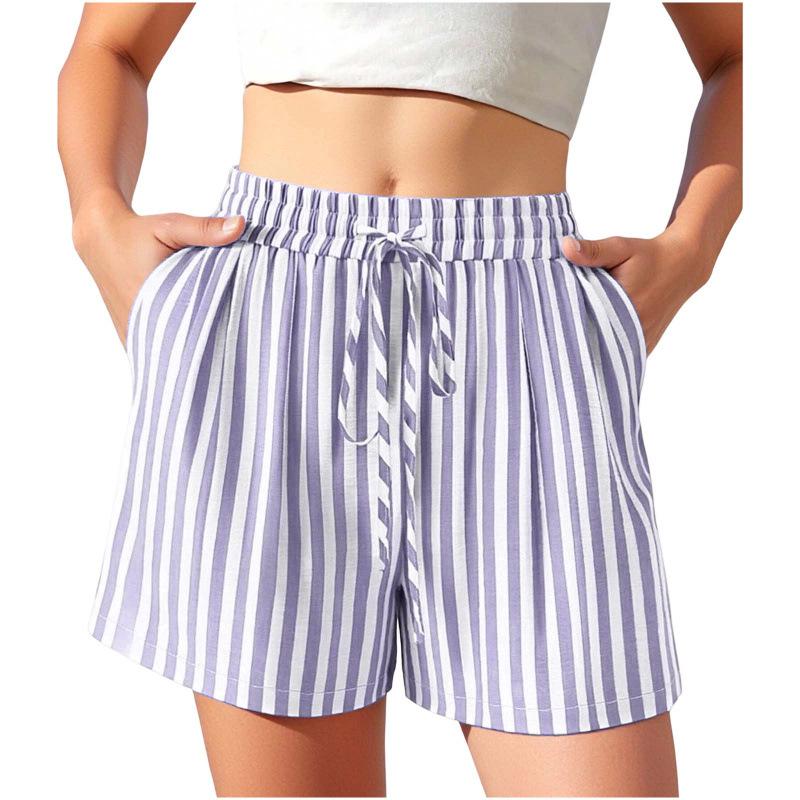 Summer Fashion Women's New Striped Printed Lace-up Casual Shorts