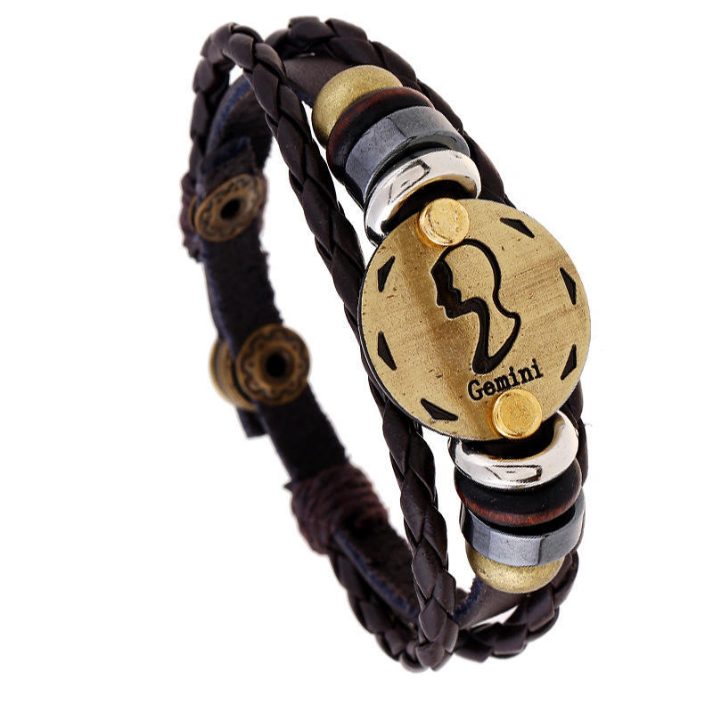 Vintage Zodiac Leather Cuff Bracelet Multi-Layer Chain Bracelet Adjustable Birthday Gift Jewelry