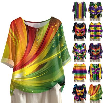Women's Carnival Printed Casual Mid Sleeve Round Neck Cotton And Hemp Top