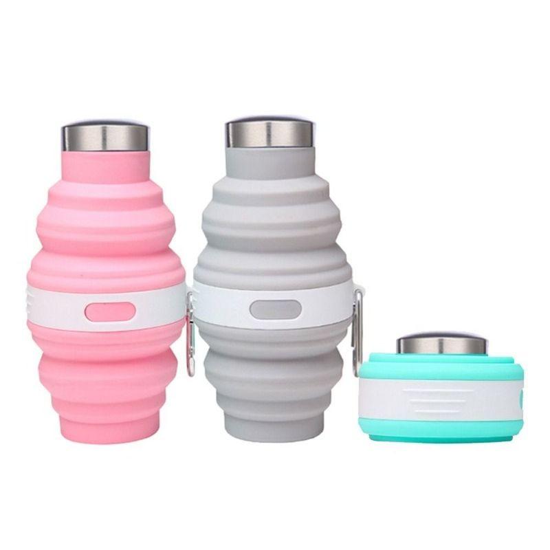 Reusable 475ml Collapsible Water Bottles Retractable Silicone Hiking Cups Portable with Carabiner Folding Drink Cups Coffee