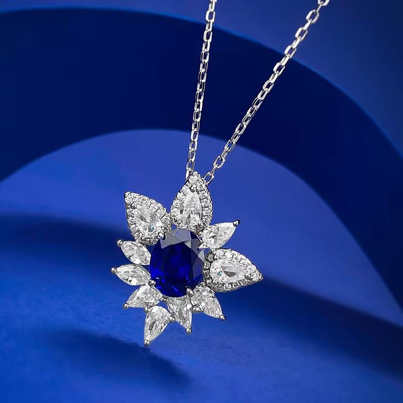 New S925 Silver Style 2 Carat Blue Luxury Set With 5A Zircon Full Necklace Fashion Versatile Jewelry