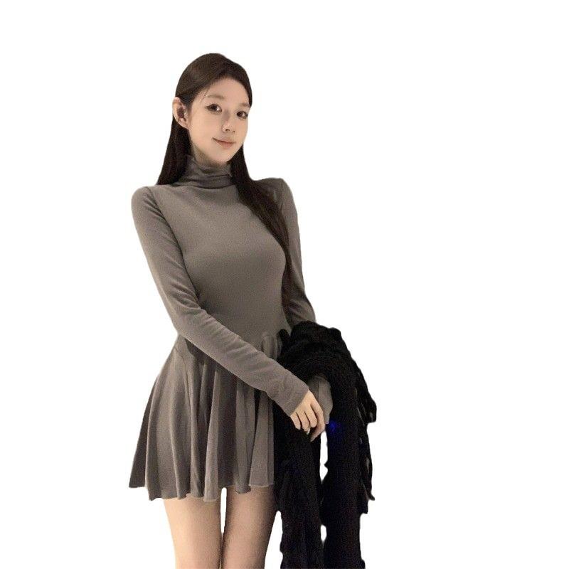 High-necked Versatile Long-sleeved Dress for Women's Autumn and Winter New Waist Tutu Skirt, Thin Bottom Skirt, Short Skirt