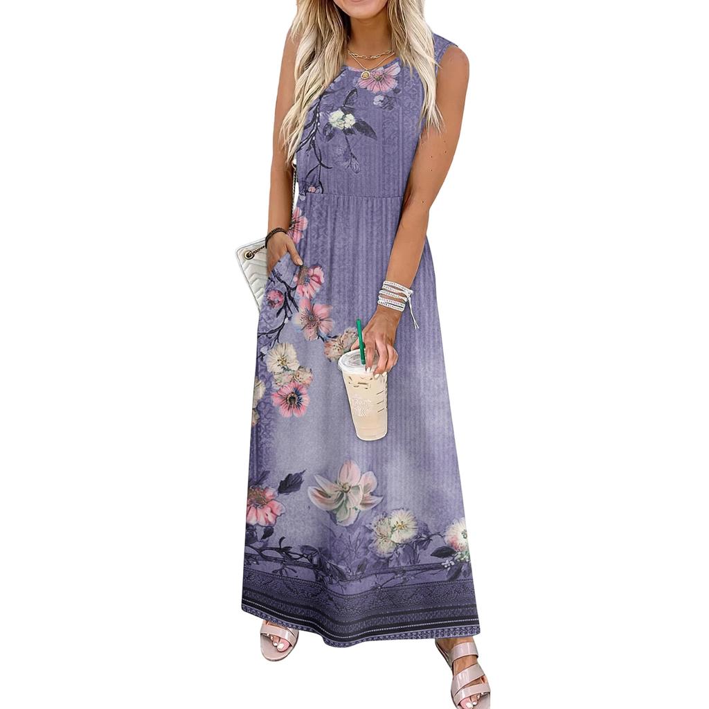 Ladies' Floral Print Casual and Fashionable Waist Cinched Sleeveless Dress