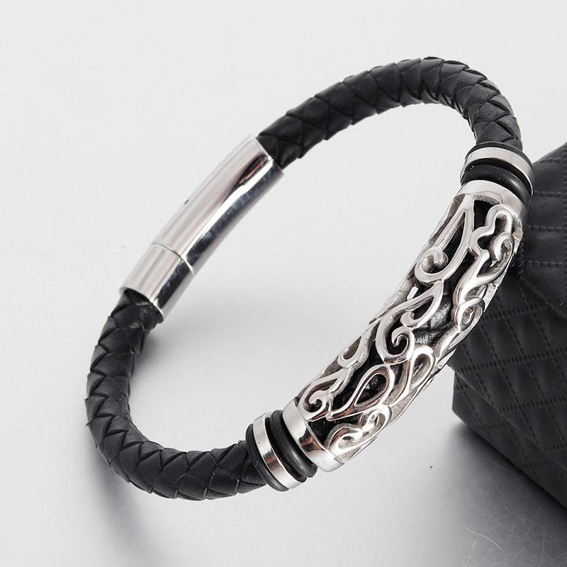 

Trendy Men Jewelry Genuine Leather Bracelets Men Stainless Steel Grain Clasp Charm Rope Bracelets&Bangles Male Jewerly 21cm