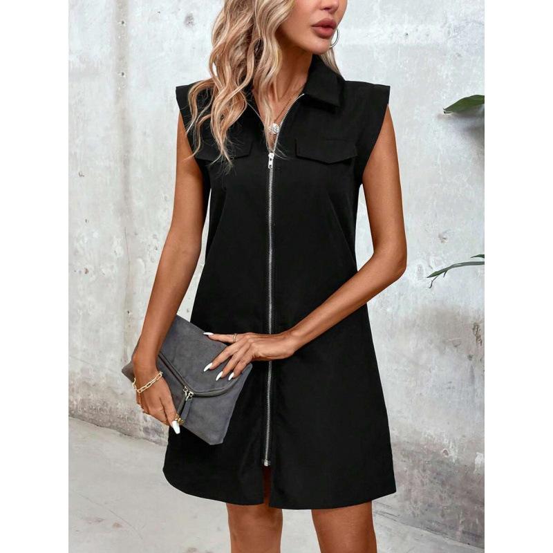 European summer French retro temperament age-reducing solid color front zipper lapel sleeveless dress women S