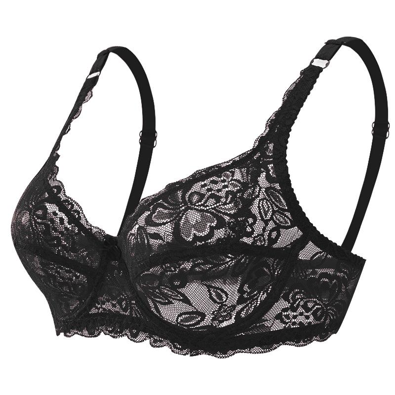 Плюс размер кружевной бюстгальтер пуш-ап женское сексуальное ажурное нижнее белье женское кружевное прозрачное нижнее белье женское вышитое сплошное бюстгальтер 40BC чёрный