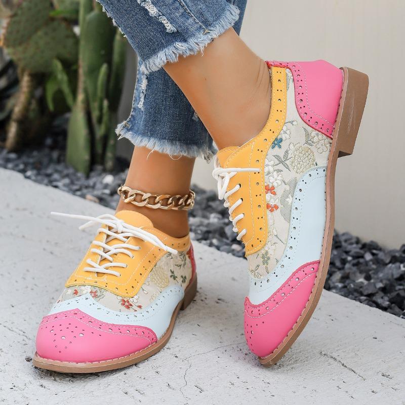 Spring and Autumn Flat-bottomed Brock Single Shoes Women's Color Matching Lace-up Round Head Casual Women's Shoes