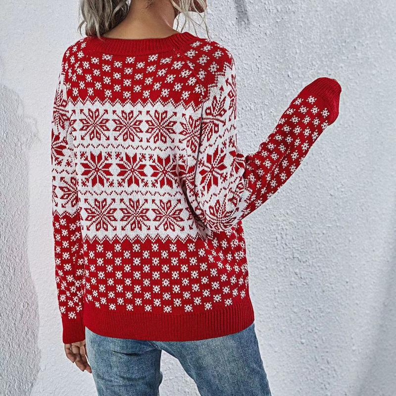 IHUASU Women's Snowflake Knit Loose Christmas Long Sleeve Pullover O-Neck Knitted Sweater