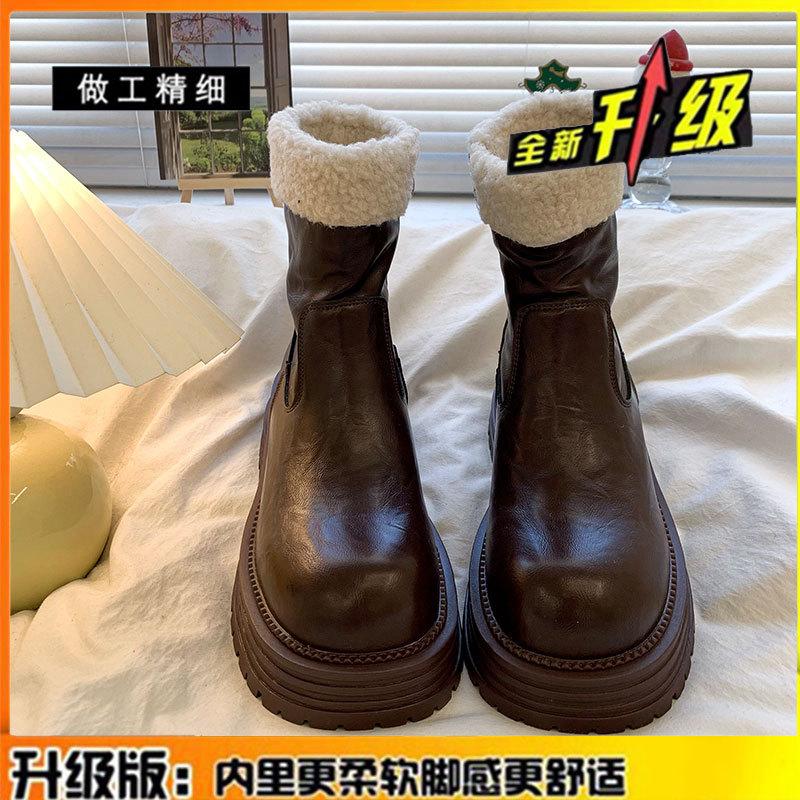 Cowhide Version Thick-soled Velvet Martin Boots Women's Winter New Retro Warm Fluffy Short Boots Non-slip Snow Boots