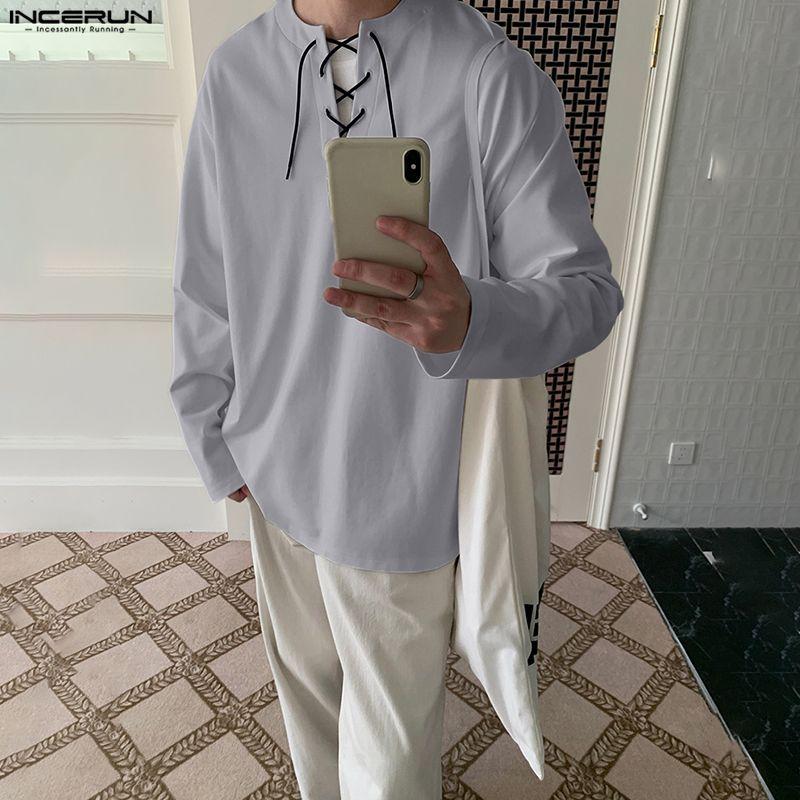 INCERUN Men Lace-up Neck Long Sleeve Casual Loose Undershirts Basics Tops