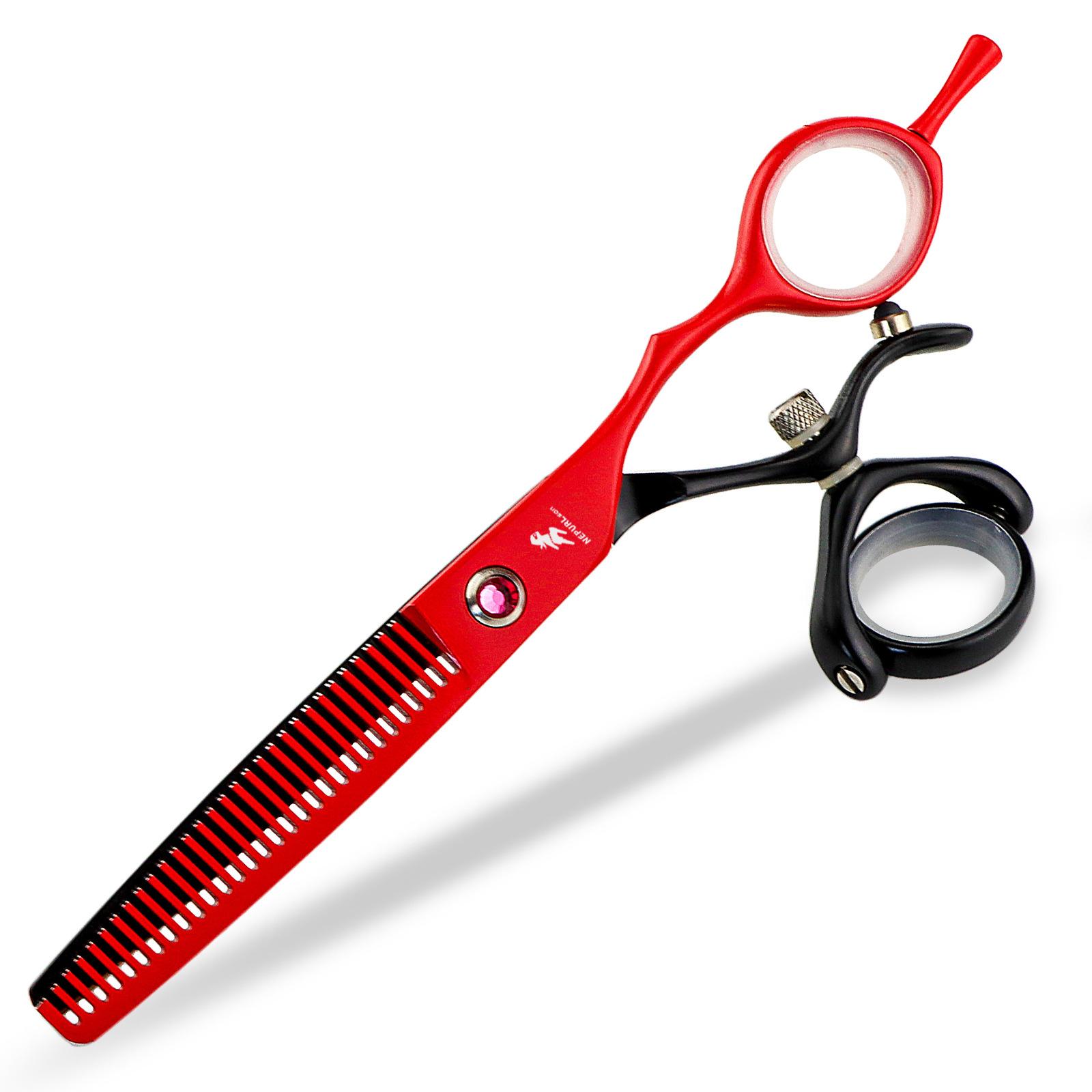 

6.0 inch Freelander black and red rotating set, hair scissors, hair scissors, flat scissors, tooth scissors, thin scissors. 6.0inch black and red handle dental scissors